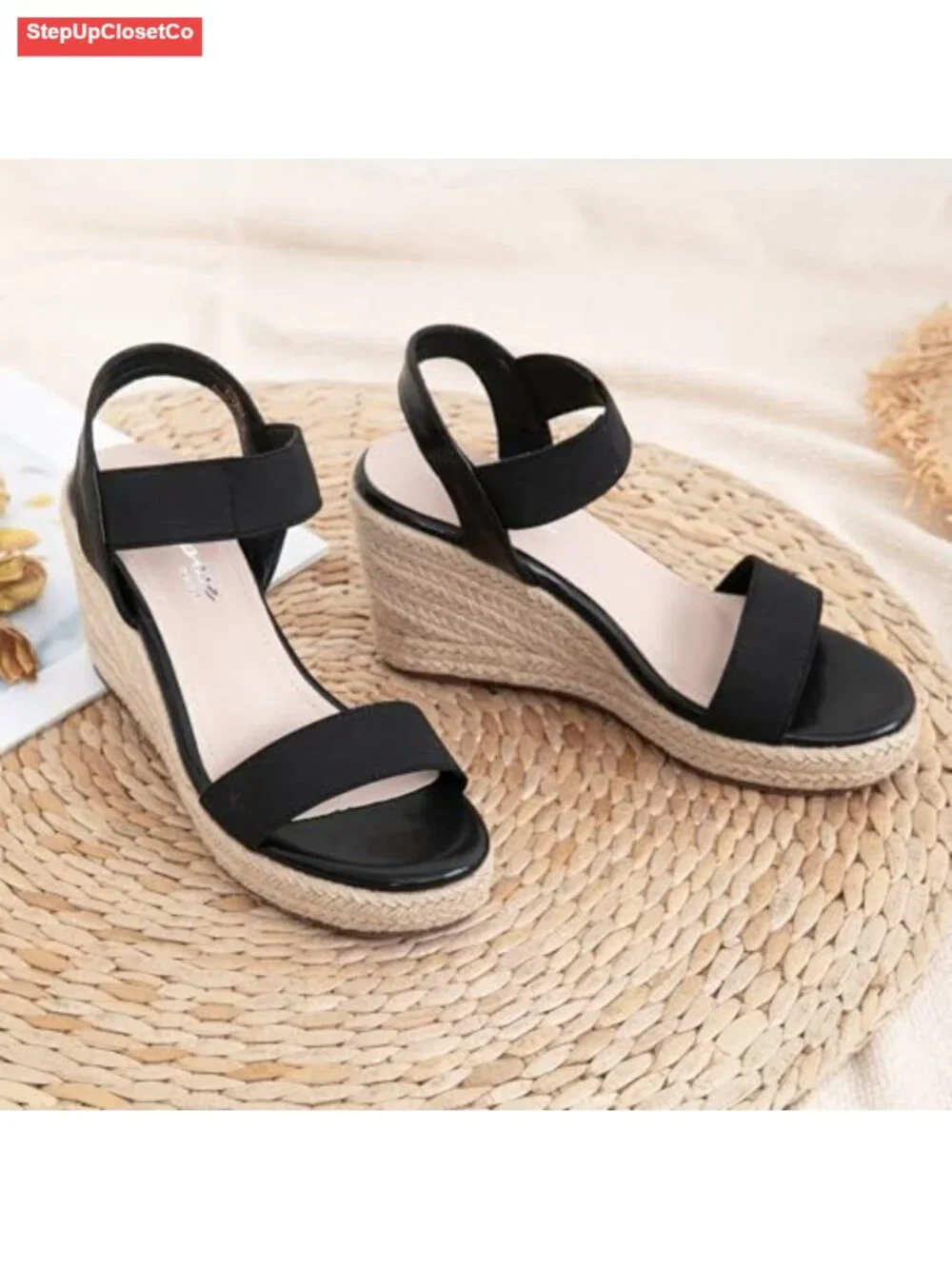 Open Toe Espadrille Wedge Sandals with Ankle Strap, Platform Strappy Wedge